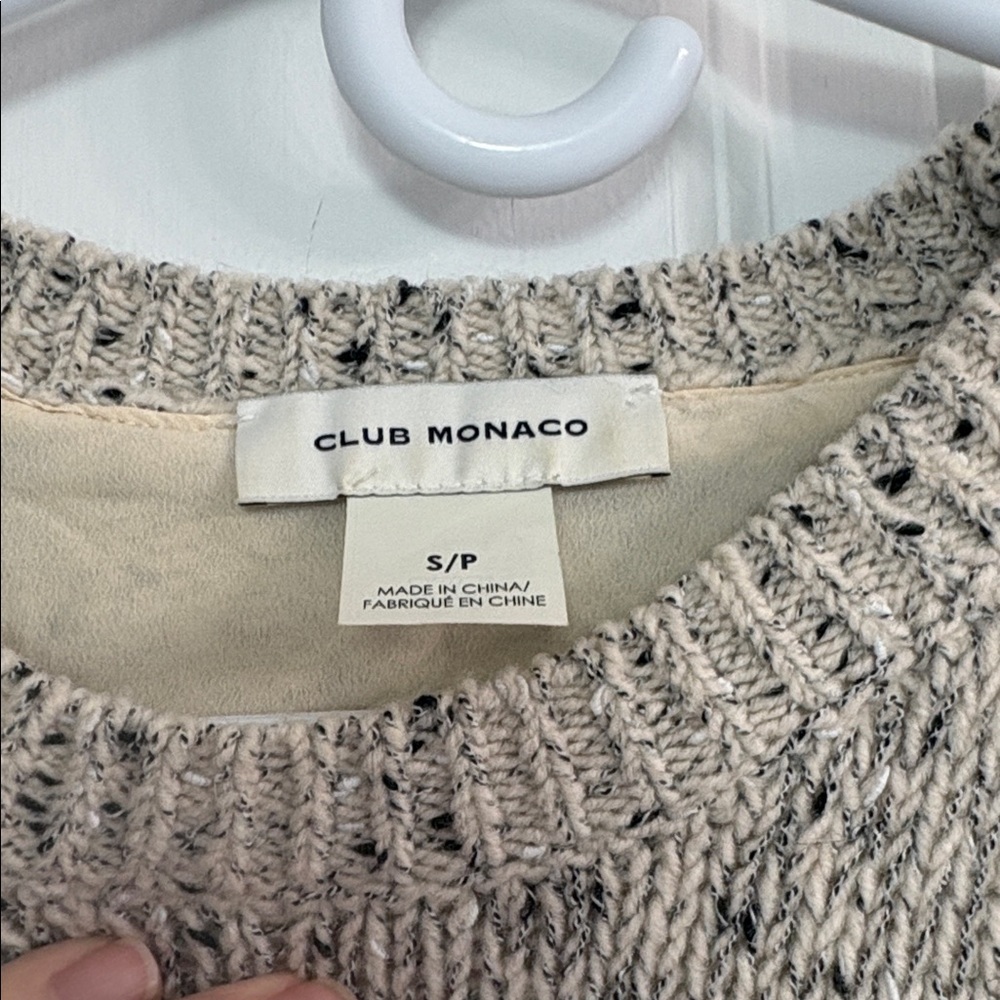 Club Monaco Wool Blend Marled Beige/Gray Knit Sweater with Cream Under Layer - Picture 2 of 11